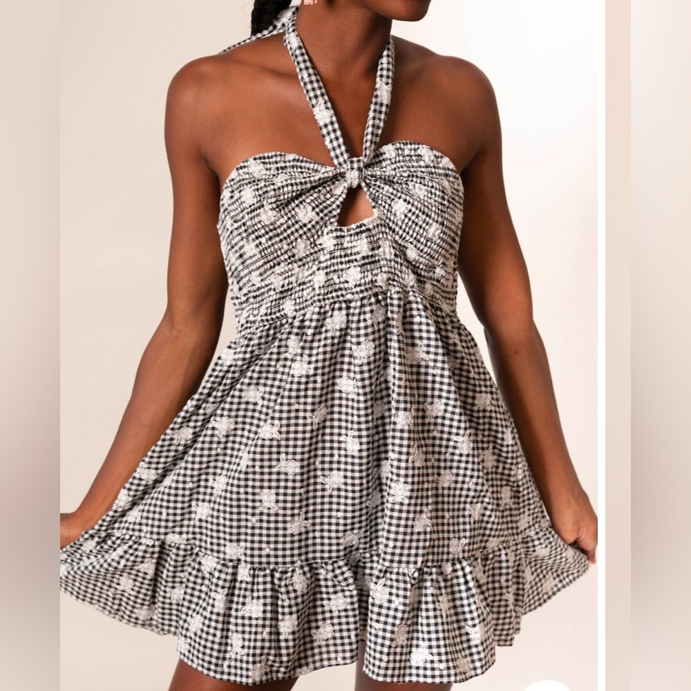 NWT STORIA Textured Gingham Halter Mini Dress Black/White Size Small